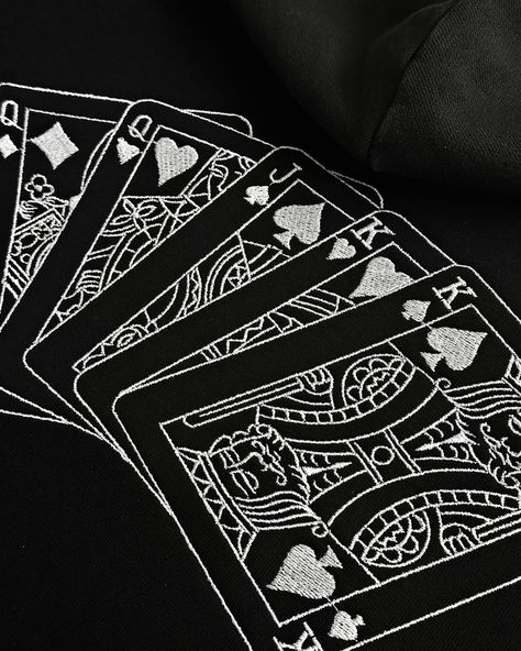 Introducing the “Playing Cards” embroidery design. This unique pattern is created with a single line and can be stitched in any thread colors of your choice. The embroidery is available on a variety of products and in different colors. All items are made from premium 100% organic cotton with high density, manufactured in Portugal. Embroplace.com Playing Cards Design, Unique Patterns, Different Colors, Playing Cards, Card Design, Embroidery Designs, Organic Cotton, Embroidery, Couture