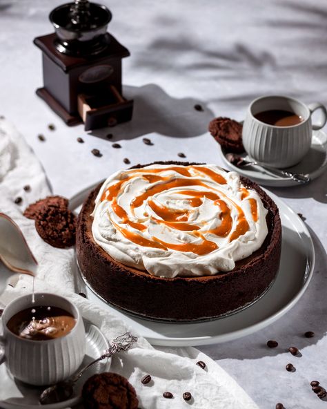 Hard, harsh, direct light food photography of espresso coffee cheesecake. Harsh Light Food Photography, Cheesecake Food Photography, Chocolate Ripple Biscuits, Dessert Shots, Coffee Cheesecake, Light Food, Japanese Cheesecake, Creamy Coffee, Sweetened Whipped Cream