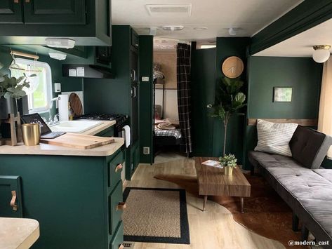 Camper Makeover Ideas, Camper Renovations, Rv Interior Design, Rv Inspiration, Rv Interior Remodel, Camper Trailer Remodel, Dark Green Walls, Diy Camper Remodel, Caravan Interior