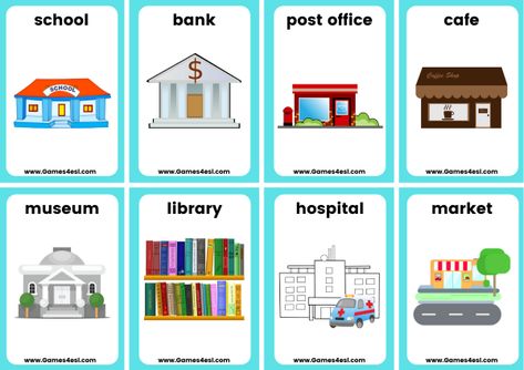 A set of large and small flashcards about buildings and places.   These are great for English lessons about buildings / places around town.   Includes 8 flashcards and 8 mini-flashcards for kids and beginner English language learners. Community Places Flashcards, Community Places Preschool, Places In The Community Worksheet, Community Places Pictures, Places In The Community Kindergarten, Places In Town Flashcards, Community Places Preschool Activities, Pictures Of Buildings, English Primary School