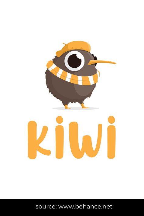 Kiwi Bird Mascot Logo Design Kiwi Logo, Artist Logos, Bird Mascot, Bird Doodle, Bird Cartoon, Mascot Logo Design, Bird Logo Design, Baby Animal Drawings, Inspiration Logo Design