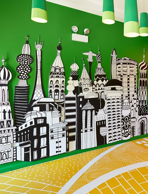 City Bulletin Board Ideas, City Classroom Theme, Diy Cityscape Backdrop, Cardboard City Buildings Art Projects, Cityscape Art For Kids, Art Room Rules, Doodle Wall, The Emerald City, City Decor