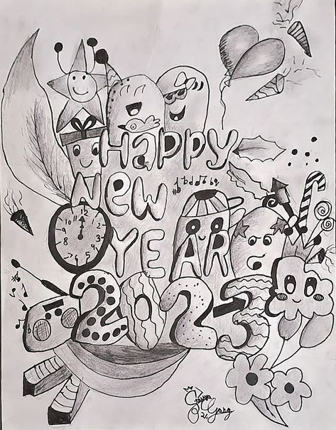 Happy New Year!!! I hope we all have a very awesome and arty year. 2023 is about to start. Now, as it is special, I have made a new year doodle. #Doodle #DoodleArt #Kawaii #NewYear #Special #DIY #ART #do #it #yourself #DoItYourself Happy New Year Doodle, Happy New Year Drawing Ideas, New Years Drawing, Newyear Drawing, Drawing Ideas Mandala, Happy New Year Drawing, New Year Drawing Ideas, Drawing Ideas 2023, New Years Drawing Ideas