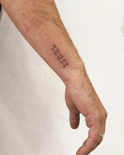 Coordinate Arm Tattoo, Men Coordinates Tattoo, Men’s Tattoo Locations, Mens Fashion Tattoos, Forearm Coordinate Tattoo, Birth Coordinates Tattoo, Man First Tattoo, Coordinates Tattoo Men Forearm, Coordinates Tattoo Forearm