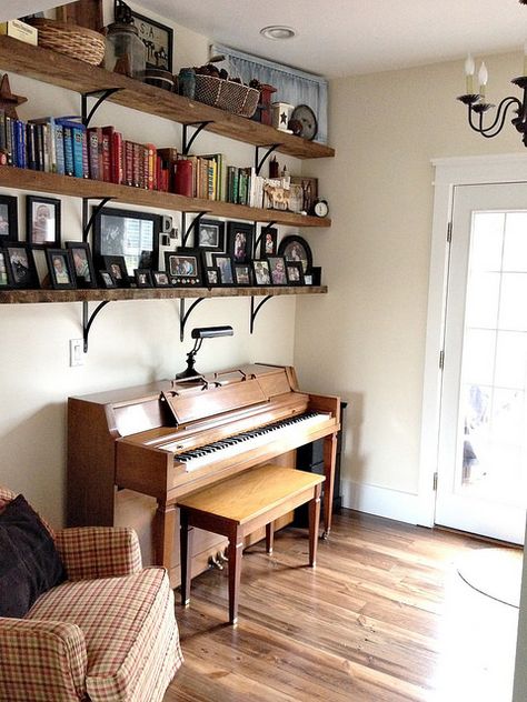 Hey, great minds think alike!!!  Shelves over piano... Our Farmhouse Tour - Andrea Dekker Dream House Aesthetic, Diy Furniture Easy, Kids Room Wall Art, Formal Living, Organizing Your Home, Wood Wall, Home Projects, Home Organization, Family Room