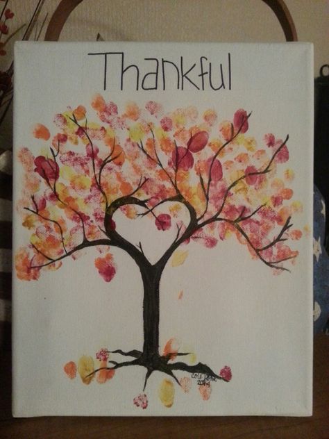 Thankful Thumb print Tree. Great thanksgiving gift! Thumb Prints Art, Thumb Tree Painting, Thumb Print Crafts, Turkey Fingerprint Art, Thumb Print Drawing, Thumb Painting Ideas Art Projects, Thumb Print Painting, Thanksgiving Cards Handmade Kids, Thumb Painting Ideas