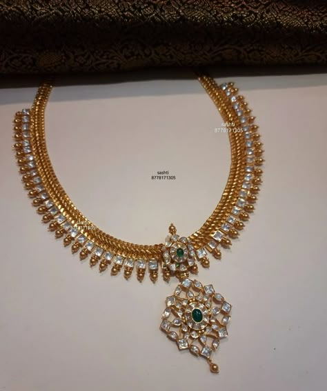 Gold Plated Silver Attigai Necklace From Silver Sashti • South India Jewels Attigai Necklace Gold, Stone Attigai, Jalebi Necklace, Indian Gold Jewellery Design, Diamond Earrings Design, 2 Necklace, Jewelry Set Design, Jewellery Indian, Antique Jewelry Indian