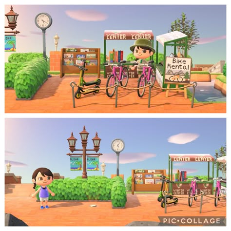 Shopping Center Animal Crossing, Acnh Information Center, Acnh Welcome Center, Acnh Visitor Center, Acnh Airport Waiting Area, Airport Ideas Animal Crossing, Bike Animal Crossing, Scooter Rental Acnh, Acnh Airport