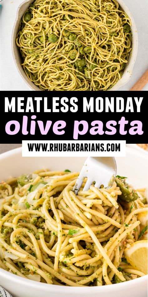 Amazingly delicious green olive pasta recipe for Meatless Monday! Vegetarian pasta with green olive sauce, lemon, and breadcrumbs. // Rhubarbarians // Green Olive Pasta Recipe, Vegan Green Olive Recipes, Olive Recipes Dinners, Recipes With Green Olives, Green Olive Recipes, Olive Pasta Recipes, Green Olive Pasta, Pasta Recipe Easy, Olive Pasta