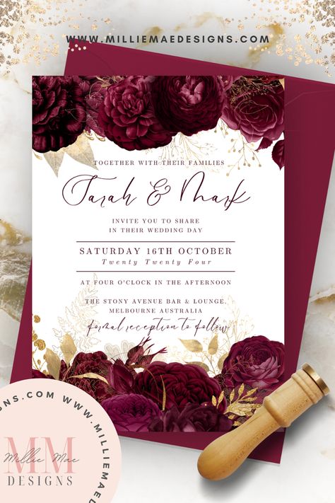 Burgundy and Gold roses on a printable and editable Canva template Wedding Invitation. Burgundy And Gold Wedding, Burgundy And Gold Invitations, Burgundy And Gold Wedding Invitations, Maroon Wedding Invitations Template, Burgundy And Rose Gold Wedding Invitations, Wedding Invites Burgundy And Blush, Wedding Invitation Burgundy Gold, Burgundy Invitations, Outdoor Tent Wedding