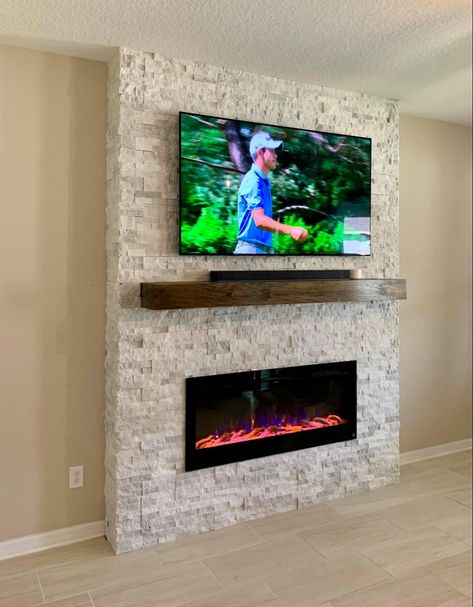 Built In Fireplace And Tv Diy Stone, Diy Electric Fireplace Wall With Tv Stone, Stacked Stone Electric Fireplace, How To Build Fireplace Tv Wall Stone, Diy Electric Fireplace Stone, Stone Electric Fireplace With Tv, Electric Fireplace Ideas Stone, Electric Fireplace Ideas With Tv Stone, Recessed Fireplace Wall