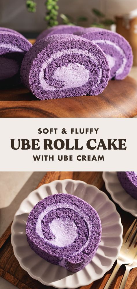 This ube roll cake is made with a soft and fluffy ube chiffon cake that rolls up perfectly without tearing or rippling. It's filled with ube whipped cream to complete this vibrant purple dessert! #ube #rollcake #swissroll #ubecake | teakandthyme.com Ube Sponge Cake Recipe, Ube Bundt Cake Recipes, Ube Cake Recipes Easy, Ube Roll Cake, Ube Cinnamon Rolls, Ube Desserts Filipino Food, Ube Cream Cheese Frosting, Gluten Free Ube Cake, Ube Ensaymada Recipe