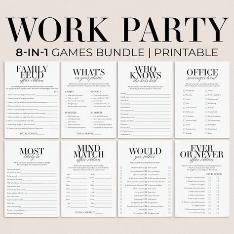 Work Party Games Printable Office Party Game Pack Team Party Games Coworker Bonding Ideas Staff Meeting Games Work Retreat Ideas Budget MB2 - Etsy Office Scavenger Hunt Team Building, Work Team Bonding Activities, Virtual Games To Play On Teams For Work, Coworker Games Fun, Fun Games To Play With Coworkers, Work Trivia Games, Office Competition Games, Fun Team Meeting Ideas, Work Party Games Team Building