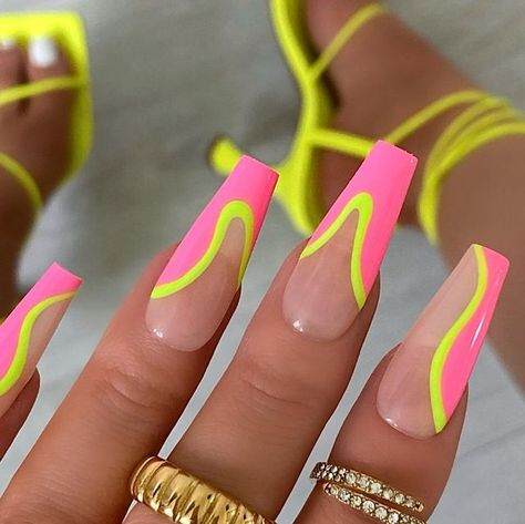 PRESS ON NAILS 🖤 on Instagram: "Neon vibess because it feels like summer might have actually arrived ☀️🍭  Using @nailsinc  Electric parade & neon mani marker 😍#ad   Wearing all rings from @pryaofficial #ad   Set price £25  A new take on an old design but colour inspo is from @thenaillologist 💕💕  #nails #nailsnailsnails #nailsofinstagram #pinknails #neonnails #summernails #nailinspo #nailinspiration #naildesign #naildesigns #pressonnails #pressonnailsuk" Blacklight Nails Design, Nail Neon Designs, Two Colour Nails, Neon Nails Designs Summer 2024, Cute Neon Nail Ideas, Neon Nails Long, Summer Nail Art 2024, Cute Acrylic Nails For Summer, Fun Neon Nails