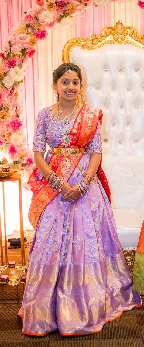 Kanchi lehanga with banaras dupatta Banarsi Half Saree, Blouse Models For Half Saree, Lehenga From Banarsi Saree, Kanchi Lehanga Designs, Banaras Lehenga Designs, Banaras Half Saree Designs, Half Saree Lehenga Color Combinations, Kanchi Pattu Lehenga Half Saree, Banarasee Lehenga