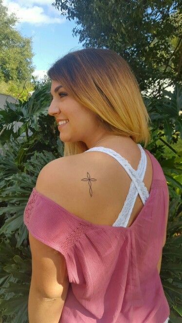 Cross shoulder tattoo Cross On Shoulder Tattoo, Cross Shoulder Tattoo, Cross Tattoo On Shoulder, Back Of Shoulder Tattoos For Women, Cross Shoulder Tattoos, Women's Shoulder Tattoo, Simple Cross Tattoo, Shoulder Blade Tattoo, Cross Tattoos For Women