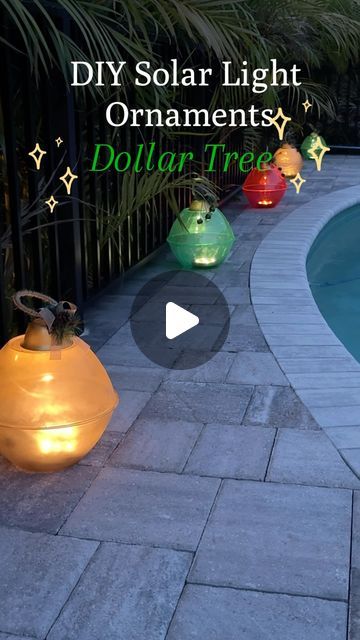 Laura Jeanne on Instagram: "This is a simple and inexpensive way to light up a path or walkway this Christmas season! …and almost everything is from @dollartree 😁
You can use traditional colors for your ornaments or mix in green, pink and purple bowls! 🎄

* Solar lights are from Walmart.  I’ve had them for a few years and repurposed them.
* To achieve a gold colored ornament, I bought clear bowls and gave them a light coating of gold spray paint. 

#dollartree #christmasdiy #christmas  #christmasdecor #chridtmasdecorations #diy #fyp #foryoupage" Outdoor Christmas Lights Ideas Houses, Christmas Solar Lights, Outdoor Xmas Lights, Solar Lights Ideas Outdoor, Solar Christmas Lights, Solar Lights Diy, Hanging Solar Lights, Diy Christmas Lights, Florida Christmas