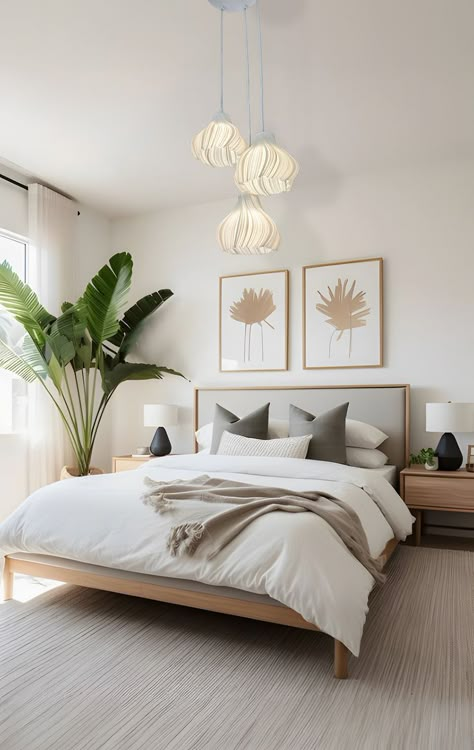 Lighting Fixtures1 Modern bedroom with cozy bedding, elegant pendant lights, large houseplant, and minimalist wall art for a serene atmosphere. | Sky Rye Design Rug Size For King Bed, Summer Bedroom, Bed Rug, Luxury Bedroom Design, Bedroom Decor Cozy, Bedding Brands, Bedroom Refresh, King Bed, Master Bedrooms Decor