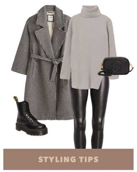 Faux Leather Leggings And Combat Boots, Turtleneck Leggings Outfit, Houndstooth Coat Outfit Winter, Dad Coat Outfits, Leather Blazer Outfit Fall, Houndstooth Leggings Outfit, Fall Trends 2022 Outfits, Coated Leggings Outfit, Leather Leggings Outfit Work