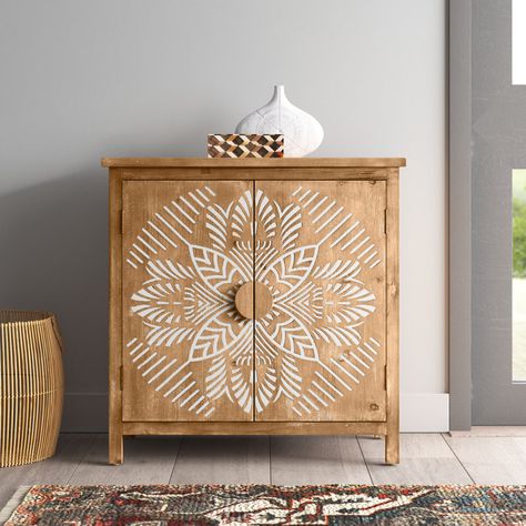 Langley Street Hudspeth Accent Cabinet & Reviews | Wayfair Wood Storage Cabinets, Accent Doors, Sleek Style, Accent Cabinet, Natural Wood Finish, Medallion Design, Door Storage, Wood Storage, Wood Accents