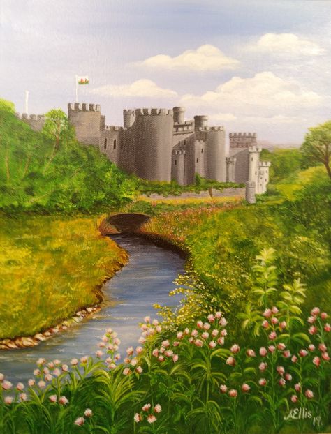 Acrylic painting... Conway Castle, Cd Wall Art, Gnome Village, Cd Wall, Castle Painting, Sketching Art, Castles In Scotland, Youth Room, Fantasy Castle