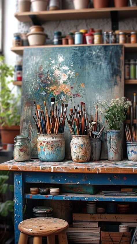 Outdoor Painting Studio, Painting Studio At Home, Bedroom Art Studio Ideas, Home Paint Studio, Art Corner Studio, Art Studios Ideas, Cozy Art Studio, Bedroom Artist, Artsy Home Decor