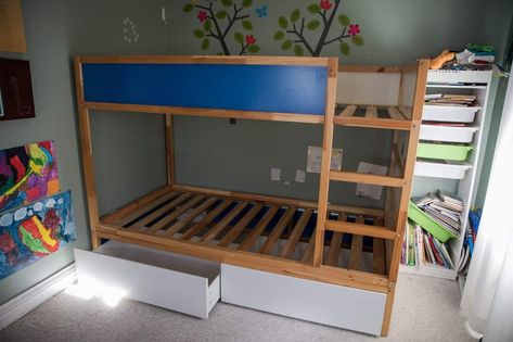 Hacking the KURA into a bunk bed with storage 11 Cama Ikea Kura, Bunk Bed Hacks, Small Space Storage Bedroom, Kura Bed Hack, Bedroom Storage For Small Rooms, Ikea Bunk Bed, Desk Ikea, Storage Hacks Bedroom, Bunk Bed With Storage