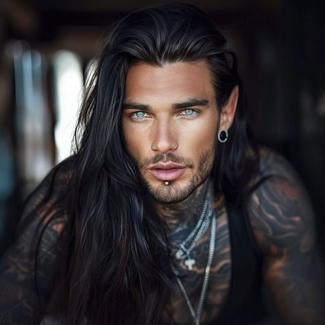 Rugged Male Models, Men With Long Dark Hair, Viking Men Aesthetic, Men With Long Hair Aesthetic, Modern Viking Men, Hair Tattoo Man, Man With Long Black Hair, Male Viking, Ruhn Danaan