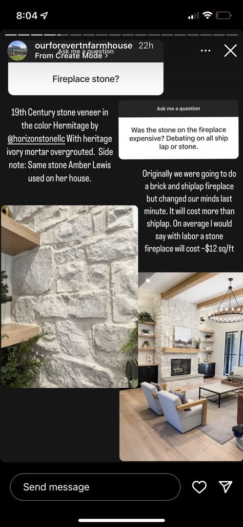 Brick Vs Stone Fireplace, Veneer Fireplace Stone, Veneer Stone Fireplace, Round Stone Fireplace, German Smear Stone Fireplace, Brick Veneer Fireplace, White Stone Exterior, Stone And Shiplap Fireplace, Brick And Shiplap