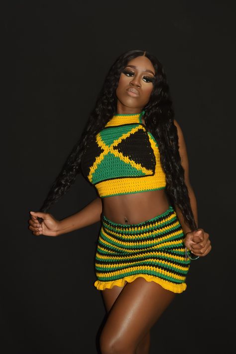 Handmade Jamaican Crochet Flag Top with matching Skirt with Ruffle Hem Jamaican Theme Party Outfit, Jamaican Crochet Dress, Jamaica Crochet Outfits, Jamaican Concert Outfit, Jamican Outfit Party, Jamaican Dancehall Outfit, Jamaican Outfits For Women, Jamaican Swimsuit, Jamaican Clothes