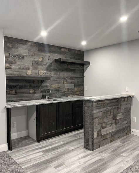 Basement Lolly Column Ideas, Grey Basement Bar, Basement Bar Wall Ideas, Shiplap Bar Wall, Basement Feature Wall, L Shaped Bar Basement, Wood Feature Walls, Basement Bar Wall, Bar Counter Design Home