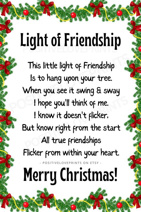 Printable Light of Friendship poem ornament tag DIY, Christmas gift for Friend,Digital Download Etsy Light Of Friendship Poem Printable Free, Light Of Friendship Poem Printable, Light Of Friendship Ornament Printable, Poem On Christmas, Friendship Ornaments Diy, Christmas Poems Inspirational, Friendship Lights, Light Bulb Printable, Light Of Friendship