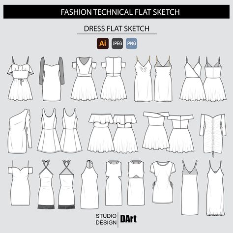 This is a digital template of a Dress Fashion Vector Flat Design. This is a correctly proportioned fashion flat sketch with all construction details accurately drawn and visible. The sketches are ready to use either as is or as a basis for your design development. The drawing can be recolored, adjusted, and edited as you need. The sketches are fully editable using Adobe Illustrator. This is a digital, INSTANT DOWNLOAD product. No item will be shipped. WHAT'S INCLUDED: . Vector flat sketch in gre Flat Sketches Fashion Portfolio Layout, Technical Flats Fashion, Flat Sketches Dress, Flat Drawing Fashion, Dress Technical Drawing, Dress Flat Sketch, Flat Sketches Fashion, Technical Flats, Fashion Flat Sketch