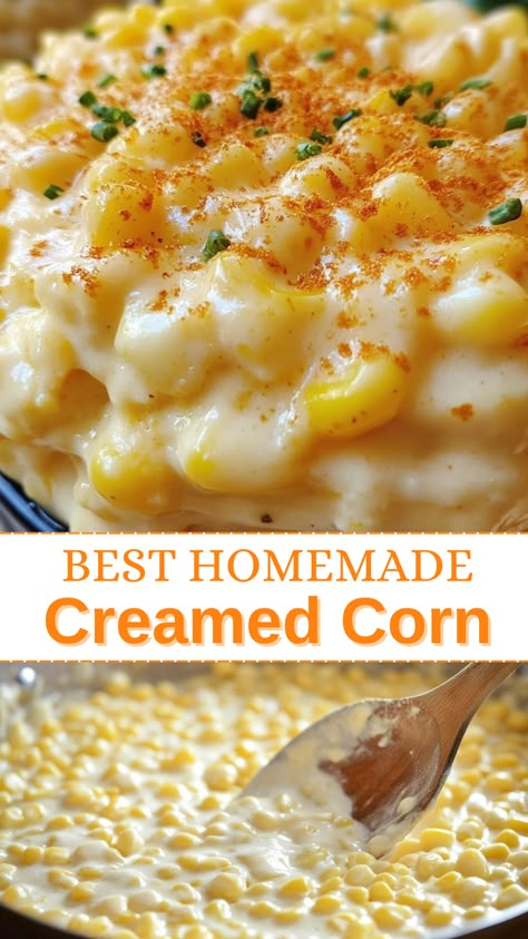 BEST HOMEMADE CREAMED CORN Can Creamed Corn Recipe, Sweet Creamed Corn, Homemade Creamed Corn, Holiday Dinner Sides, Sweet Cream Corn, Homemade Cream Corn, Corn Side Dish, Creamed Corn Recipes, Cream Corn