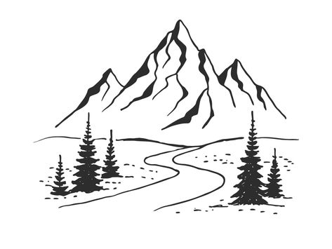 Mountains road. Landscape black on white background. Hand drawn rocky peaks in sketch style. Vector illustration Simple Mountain Drawing, Mountain Drawing Simple, Mountain Drawings, Brother Tattoo, Cartoon Mountain, Road Background, Mountain Sketch, Road Landscape, Pink Floyd Art