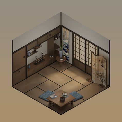 Isometric Japanese Room, Japanese House Interior, Isometric Room, Traveling Couple, Million Flowers, Tulip Season, Japanese Style House, 3d Room, Japanese Room