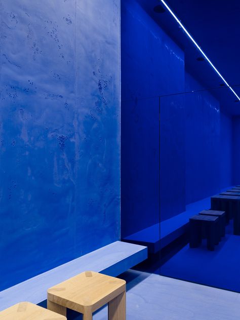 Blue Retail Design, Blue Interior Restaurant, Blue Facade Architecture, Blue Reflection Second Light, High-end Blue Box Bag For Shopping, Berlin Cafe, Berlin Photography, Antwerp Belgium, Lapis Lazuli Blue