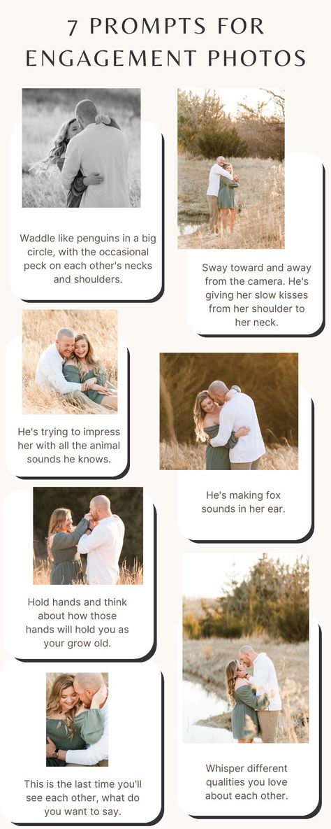 These 7 engagement session prompts for authentic photos help our couples look their best AND create opportunities for genuine interaction. They’re part of the game we created that we play with our couples during their engagement session, and they work every time! Each card sets the couple up strategically in a flattering position, and then has them interact in a way that creates a genuinely romantic or fun moment. Click to see the full prompt! Engagement Photo Filters, Simple Poses For Couples Photoshoot, Couple Session Prompts, How To Take Couples Photos, Engagement Pose Prompts, Prompts For Engagement Photos, Engagement Photo Prompts Couple, Couple Poses Prompts, Engagement Photoshoot Prompts