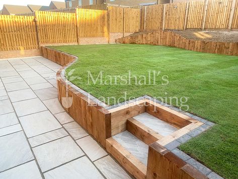 Barnsley (Landscaping Project 12) Patio Ideas For Sloping Garden, Raised Lawn Ideas, Patio Lower Than Lawn, Lower Patio Ideas, Raised Grass Area, Two Tier Garden Ideas, Sloping Garden Ideas On A Budget, Two Level Garden Ideas, Small Sloped Garden Ideas