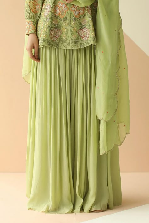 Buy Ease Green Pure Crepe Embroidered Kurta Sharara Set Online | Aza Fashions Eid Dress Ideas, Javed Ali, Scallop Dupatta, Jaal Embroidery, Kurta Sharara Set, Simple Kurta, Pista Green, Eid Dress, Kurta Sharara