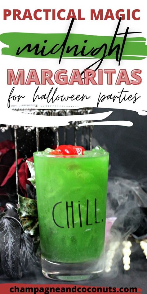 A green margarita on a table with Halloween decorations like a skeleton hand with dry ice smoke swirling around the beverage glass. Practical Magic Themed Drinks, Midnight Margaritas Practical Magic Recipe, Practical Magic Drink, Practical Magic Night, Practical Magic Midnight Margaritas, Midori Margarita Recipe, Practical Magic Girls Night, Midnight Margaritas Party, Midori Shots