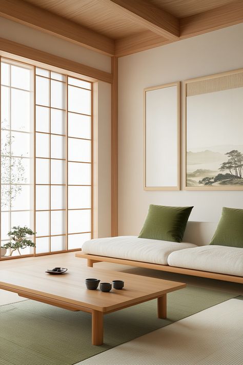 Discover the serenity of minimalist living room decor with this Japanese-inspired setting. Simple lines, natural materials, and a calming color palette create a peaceful and inviting atmosphere. Perfect for relaxation and mindfulness. #livingroomdecor #JapaneseStyle #MinimalistDesign Japanese Minimalism Interior, Japanese Modern Living Room, Japanese Interior Design Minimalist, Zen Living Room Decor, Japanese Inspired Living Room, Zen Apartment, Japanese Minimalist Home, Tatami Living Room, Japanese Style Living Room