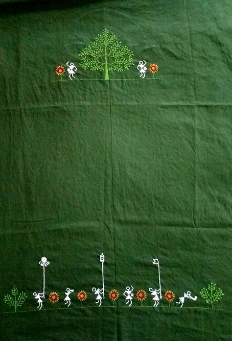 Warli embroidery design on a kurti Warli Painting On Kurti, Warli Embroidery Design, Warli Embroidery, Pattachitra Saree, Native American Beadwork Tutorial, Duptta Design, Ikkat Kurtis, Embroidery Room, Idea Embroidery