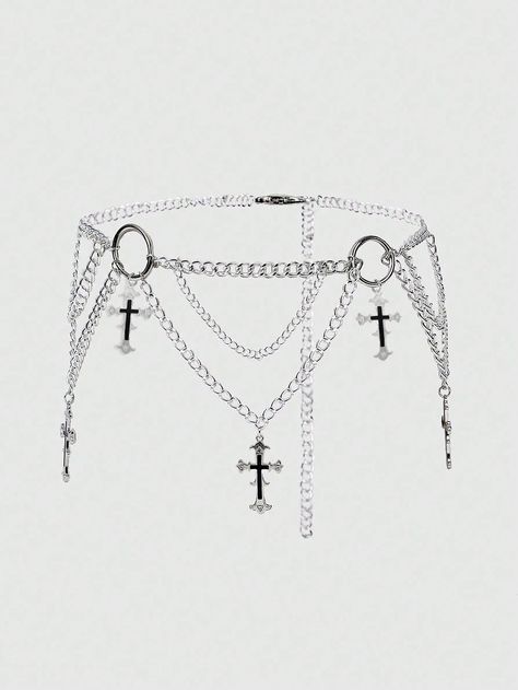 ROMWE Goth 1pc Women's Gothic Style Double-Layered Chain Waist Belt, With Silver & Black Cross Decoration And 3 Adjustable Buckles, Perfect For Dress-Up Or Daily Look | SHEIN USA Goth Belt Chain, Goth Waist Chain, Goth Belt, Chain Waist Belt, Layered Chain, Goth Jewelry, Crosses Decor, Cross Chain, Black Cross