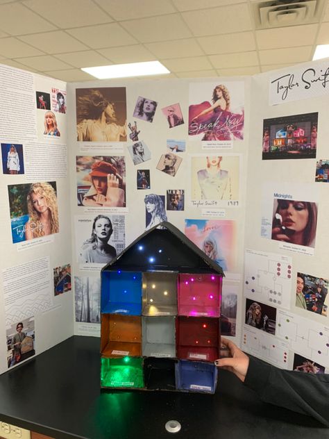 Passion project for school, since i couldnt get tickets to the eras tour, i brought the eras tour to my classroom 🤣 Cardboard Lover House Taylor Swift, Taylor Swift Dollhouse, Taylor Swift School Project, Eras Tour Room Decor, Eras Tour Decor, Taylor Swift Lover House Diy, Taylor Swift Project Ideas, Lover House Diy, Eras Tour Decorations