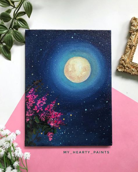 Anju | gouache,acrylics on Instagram: “Let’s talk to the moon✨💜🌝 DM to buy @flashpaints_official acrylics on @anupam canvas board @persephonay @drawing_pigments…” Drawing With Painting Colours, Canvas Painting Ideas Moon, Cool Colours Painting, Moon Painting Aesthetic, How To Draw Moon, Drawing Ideas On Canvas, Moon Painting Acrylic, Moon Canvas Painting, Talk To The Moon