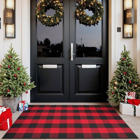 Amazon.com: Sungea Christmas Door Mat Outdoor 35"x59", Red/Black Buffalo Plaid Front Porch Rug Cotton Hand-Woven Washable Layered Door Mats,Reversible Checkered Floor Rugs for Home Decor Outside : Home & Kitchen Outside Door Christmas Decor, Buffalo Plaid Front Porch, Layered Door Mats, Winter Porch Decorations, Front Porch Rug, Christmas Doormats, Winter Porch Decor, Curled Edges, Christmas Door Mat