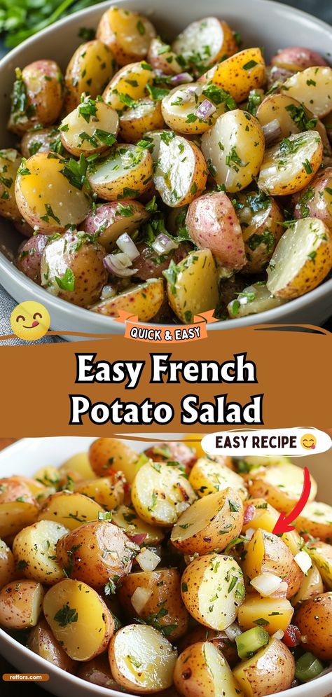 This French Potato Salad is light and tangy, with a Dijon mustard vinaigrette and fresh herbs. A sophisticated side dish that's perfect for picnics or as an accompaniment to grilled meats. #PotatoSalad #FrenchCuisine #PicnicPerfect French Style Potato Salad, French Potato Salad Recipe, Potato Salad With Dijon Mustard, Vinaigrette Potato Salad, Potato Salad For Two, Fried Potato Salad, Mustard Potato Salad Recipe, Potato Salad With Mustard, French Salad Recipes