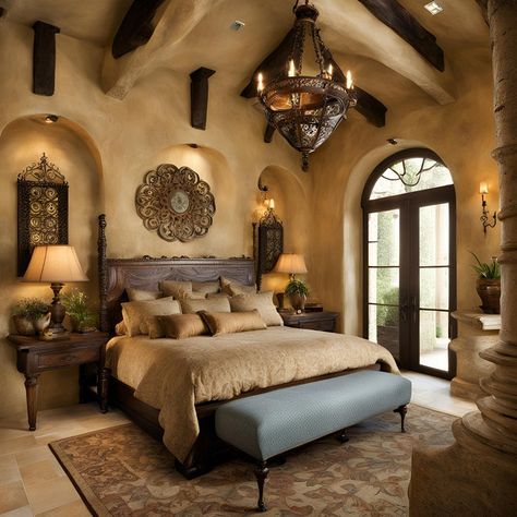 Siestas and sunshine! This dreamy bedroom transports you to the Mediterranean coast. Warm colors, textured rugs, and wrought iron accents create a relaxing retreat. What are your favorite elements of Mediterranean style? Let us know in the comments! Spanish Style Master Suite, Mediterranean Decor Bedroom Master Suite Spanish Style, Mediterranean Style Bedroom Master Suite, Mediterranean Master Bedrooms Decor, Spanish Mediterranean Bedroom, Italian Bedroom Decor, Mediterranean Interior Design Bedroom, Italian Style Bedroom, Italian Bedroom Aesthetic