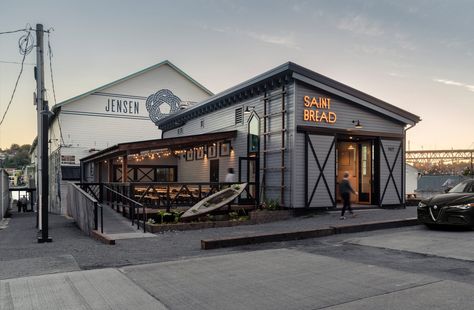 Saint Bread — Graham Baba Architects Warehouse Design Architecture, Warehouse Exterior, Restaurant Exterior Design, Restaurant Exterior, Warehouse Design, Patio Enclosures, Feature Tiles, Outdoor Restaurant, Container House Design